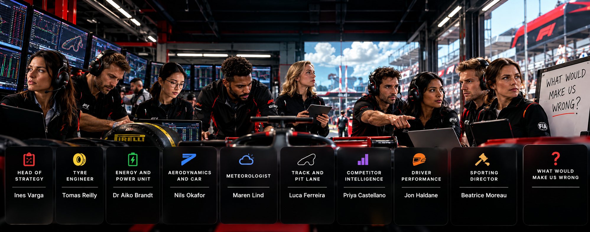 The F1 Strategy pit wall: ten fictional roles – strategy, tyres, energy, aerodynamics, weather, track, rivals, drivers, sporting director and the question of what would make us wrong